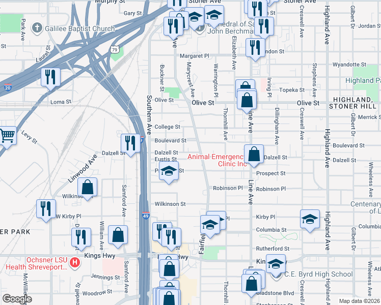 map of restaurants, bars, coffee shops, grocery stores, and more near 1039 Eustis Street in Shreveport