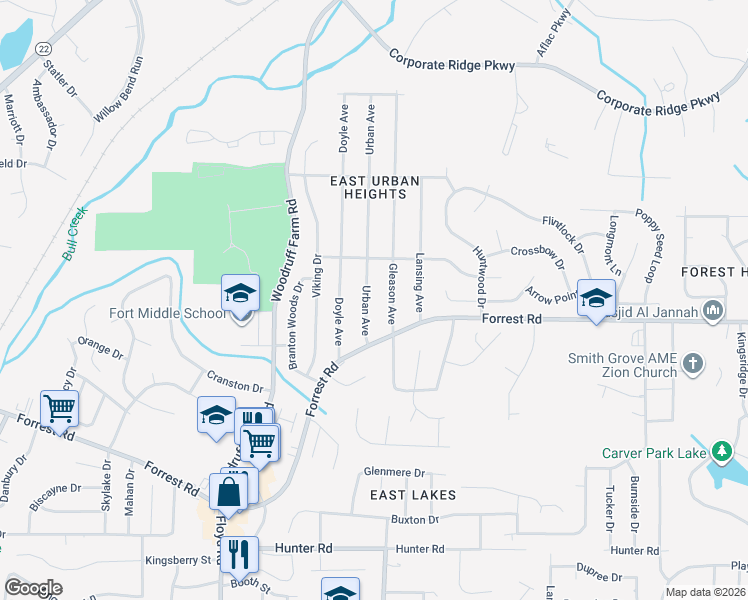 map of restaurants, bars, coffee shops, grocery stores, and more near 2878 Urban Avenue in Columbus