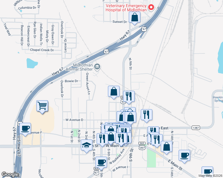 map of restaurants, bars, coffee shops, grocery stores, and more near 716 North 7th Street in Midlothian