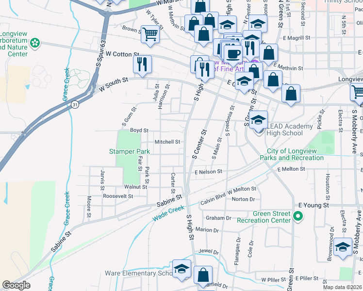 map of restaurants, bars, coffee shops, grocery stores, and more near 425 South High Street in Longview