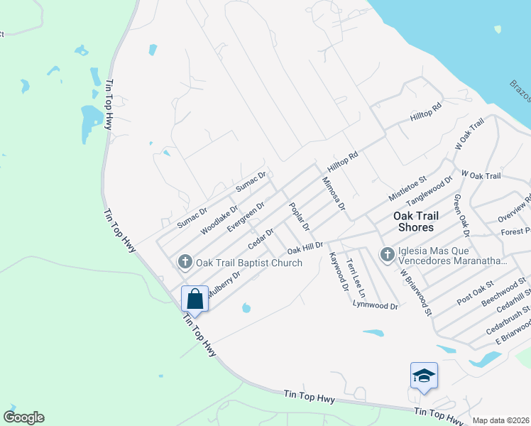 map of restaurants, bars, coffee shops, grocery stores, and more near 3405 Hilltop Road in Granbury