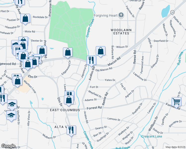 map of restaurants, bars, coffee shops, grocery stores, and more near 4242 Yates Drive in Columbus
