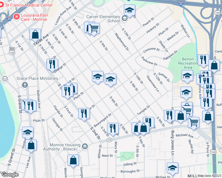 map of restaurants, bars, coffee shops, grocery stores, and more near 1000 Plum Street in Monroe