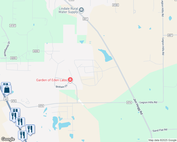 map of restaurants, bars, coffee shops, grocery stores, and more near 15497 County Road 431 in Lindale