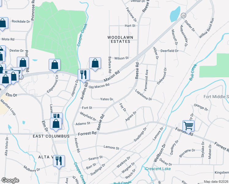 map of restaurants, bars, coffee shops, grocery stores, and more near 4327 Yates Drive in Columbus