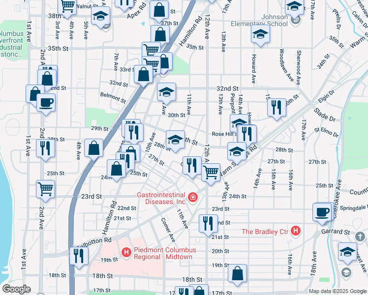 map of restaurants, bars, coffee shops, grocery stores, and more near 1112 29th Street in Columbus