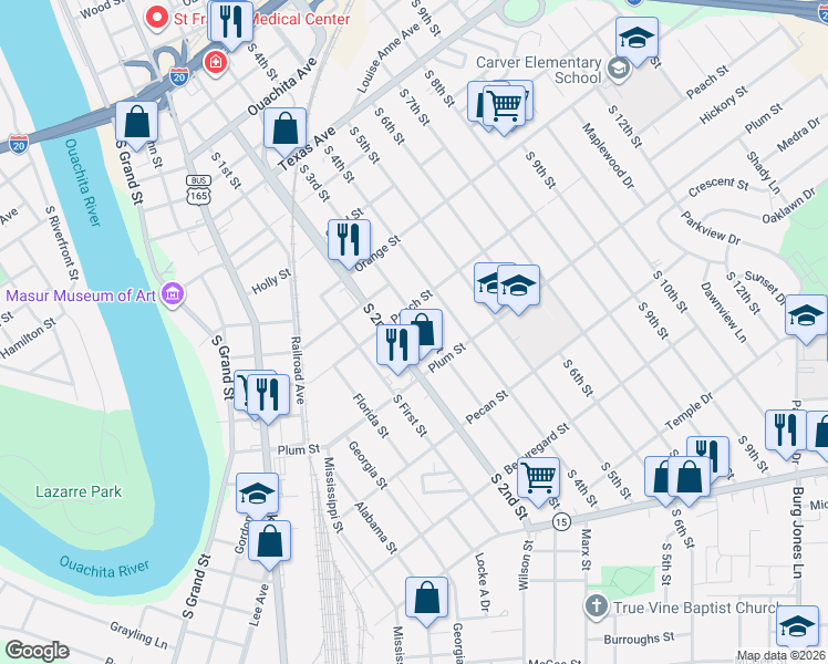 map of restaurants, bars, coffee shops, grocery stores, and more near 1010 S 2nd St in Monroe