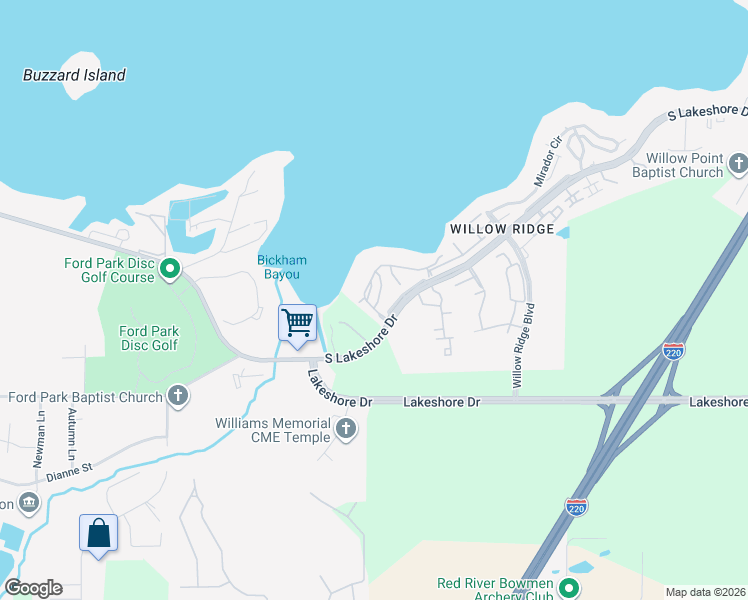 map of restaurants, bars, coffee shops, grocery stores, and more near 5747 Lakefront Drive in Shreveport