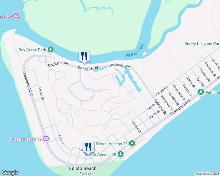 map of restaurants, bars, coffee shops, grocery stores, and more near 261 Sea Cloud Circle in Edisto Island