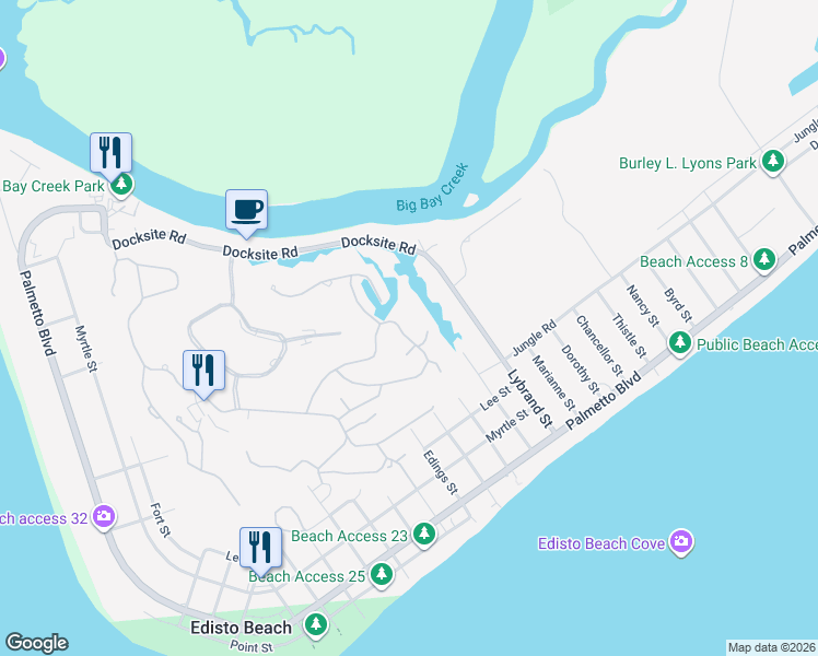 map of restaurants, bars, coffee shops, grocery stores, and more near 61 Rice Lane in Edisto Island