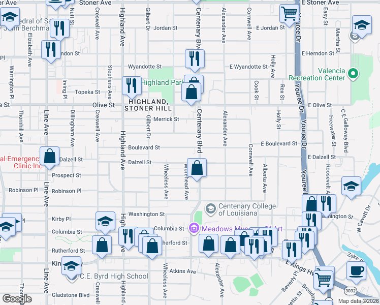 map of restaurants, bars, coffee shops, grocery stores, and more near 2212 Centenary Boulevard in Shreveport