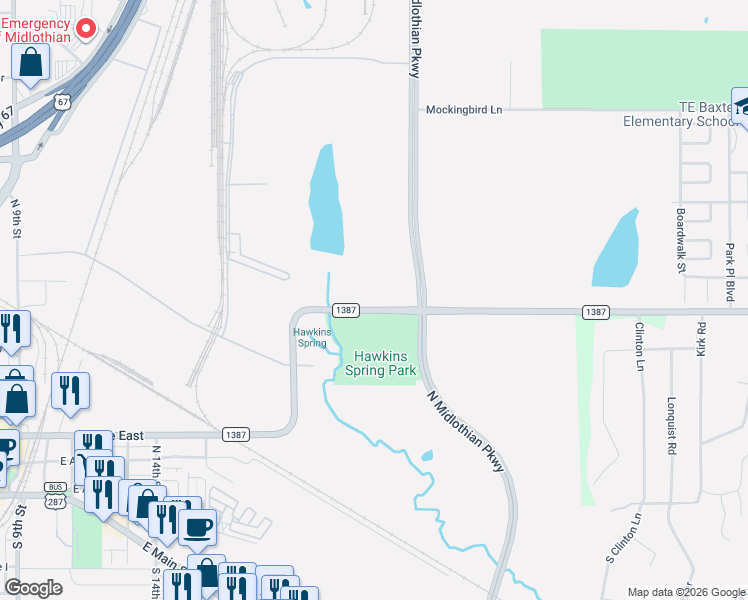 map of restaurants, bars, coffee shops, grocery stores, and more near 1331 Farm to Market Road 1387 in Midlothian