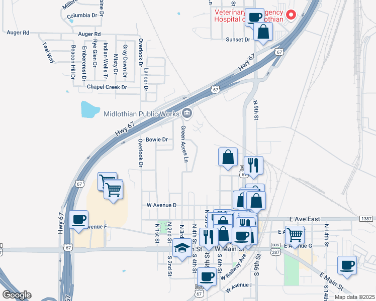 map of restaurants, bars, coffee shops, grocery stores, and more near 822 Mr Haney Drive in Midlothian