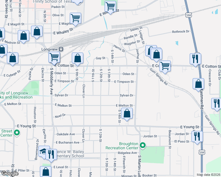 map of restaurants, bars, coffee shops, grocery stores, and more near 400 South 13th Street in Longview