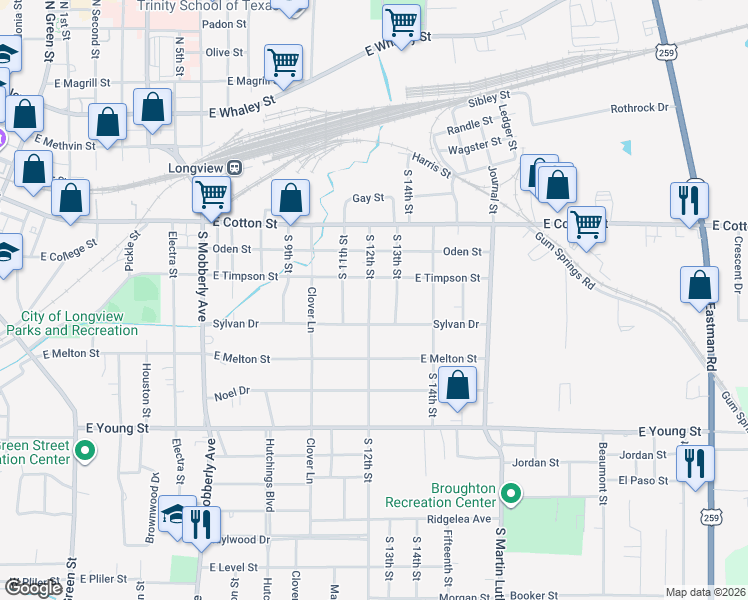 map of restaurants, bars, coffee shops, grocery stores, and more near 1410 East Timpson Street in Longview