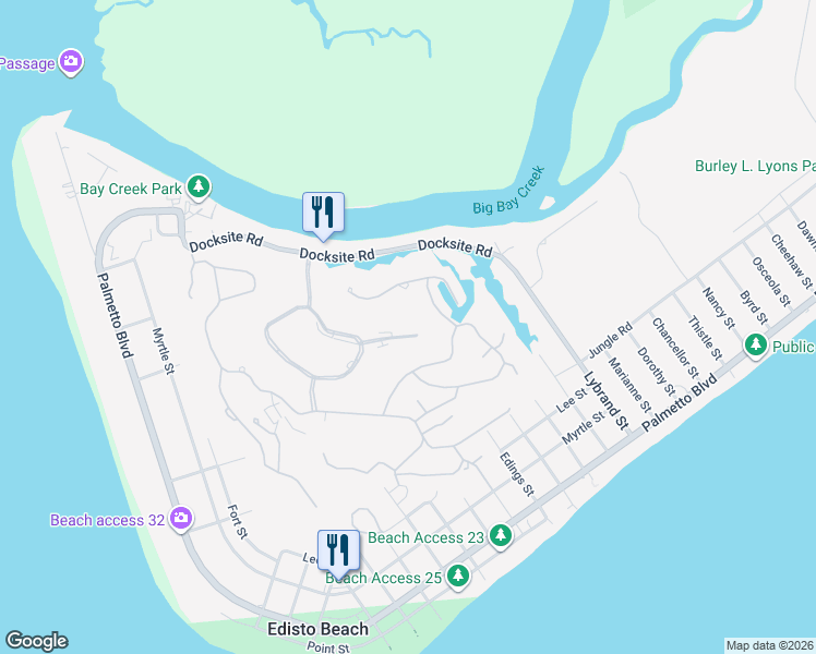 map of restaurants, bars, coffee shops, grocery stores, and more near 272 Driftwood Lane in Edisto Island