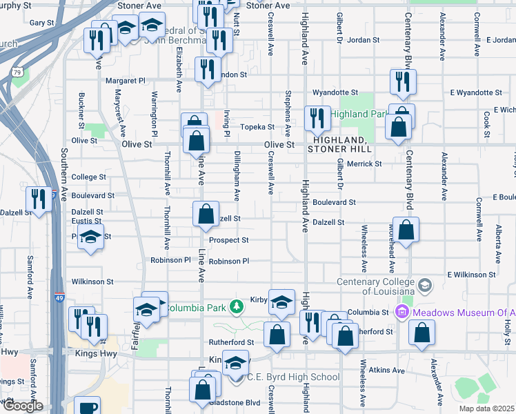 map of restaurants, bars, coffee shops, grocery stores, and more near 2315 Scovell Court in Shreveport