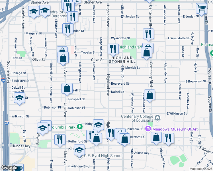 map of restaurants, bars, coffee shops, grocery stores, and more near 2304 Highland Avenue in Shreveport