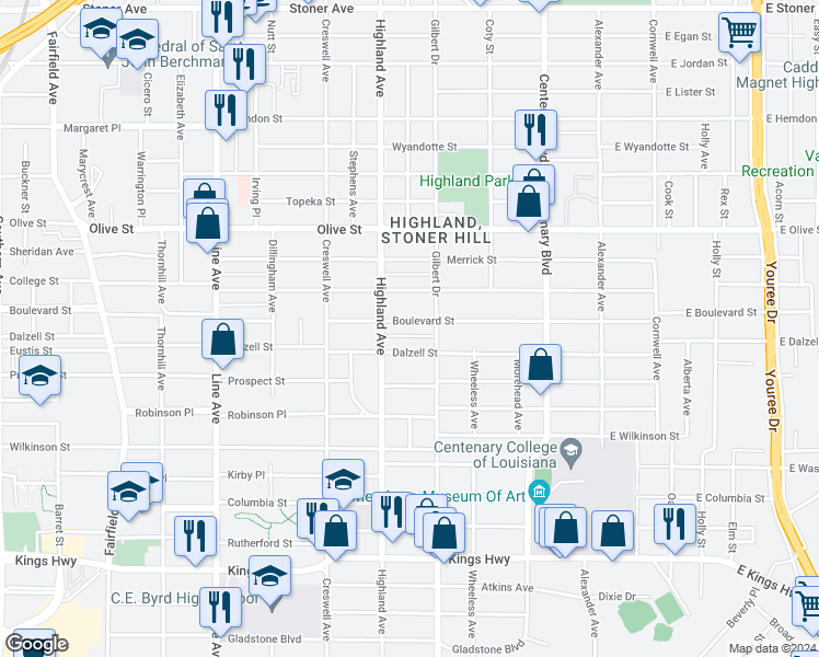 map of restaurants, bars, coffee shops, grocery stores, and more near 418 Boulevard Street in Shreveport