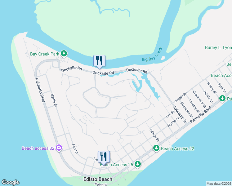 map of restaurants, bars, coffee shops, grocery stores, and more near 28 Battery Park Road in Edisto Island
