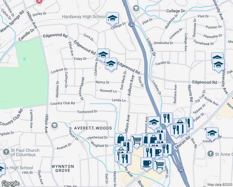 map of restaurants, bars, coffee shops, grocery stores, and more near 2862 Roswell Lane in Columbus
