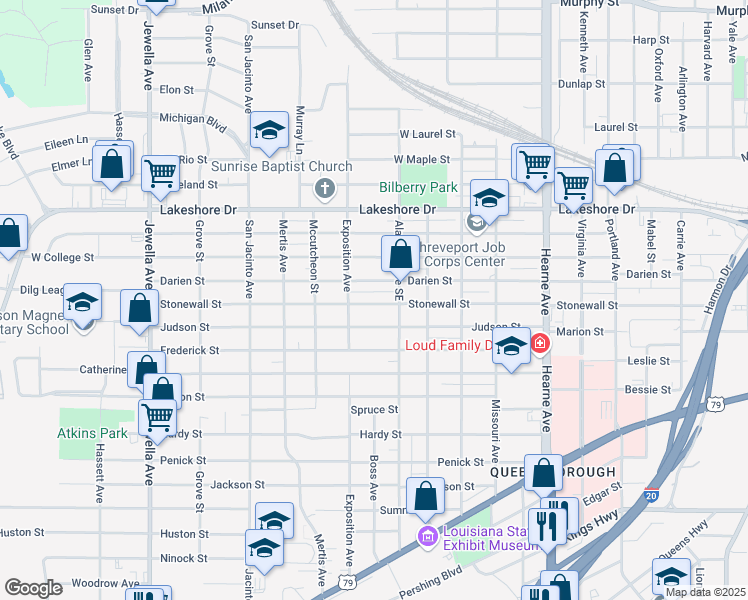 map of restaurants, bars, coffee shops, grocery stores, and more near 3128 Stonewall Street in Shreveport