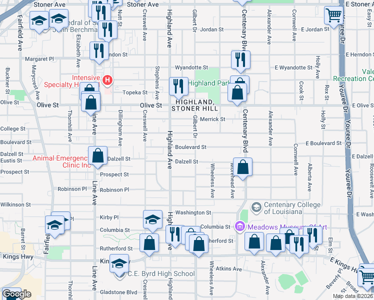 map of restaurants, bars, coffee shops, grocery stores, and more near 418 Boulevard Street in Shreveport