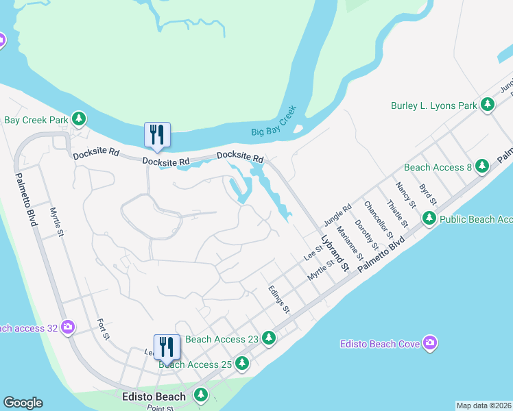 map of restaurants, bars, coffee shops, grocery stores, and more near 61 Rice Lane in Edisto Island