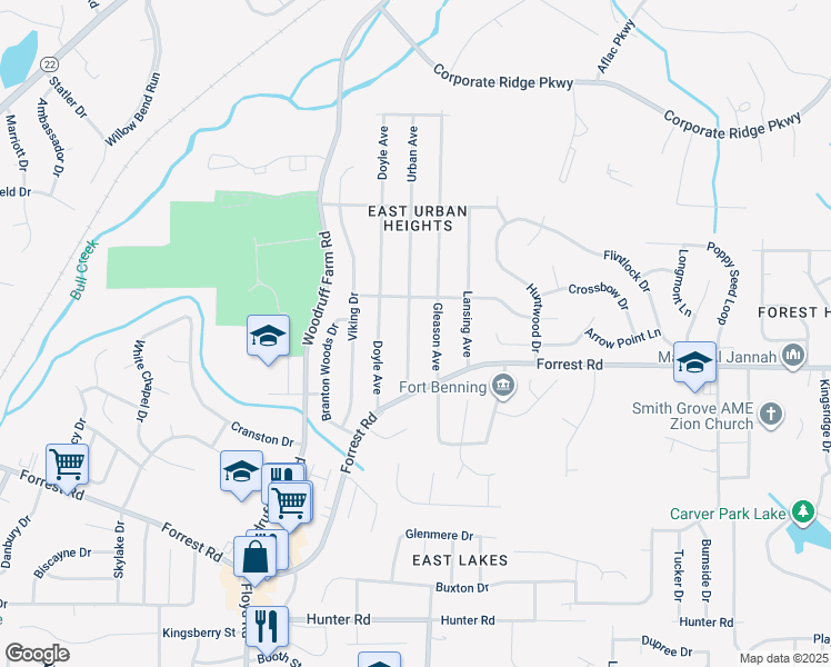 map of restaurants, bars, coffee shops, grocery stores, and more near 2926 Urban Avenue in Columbus