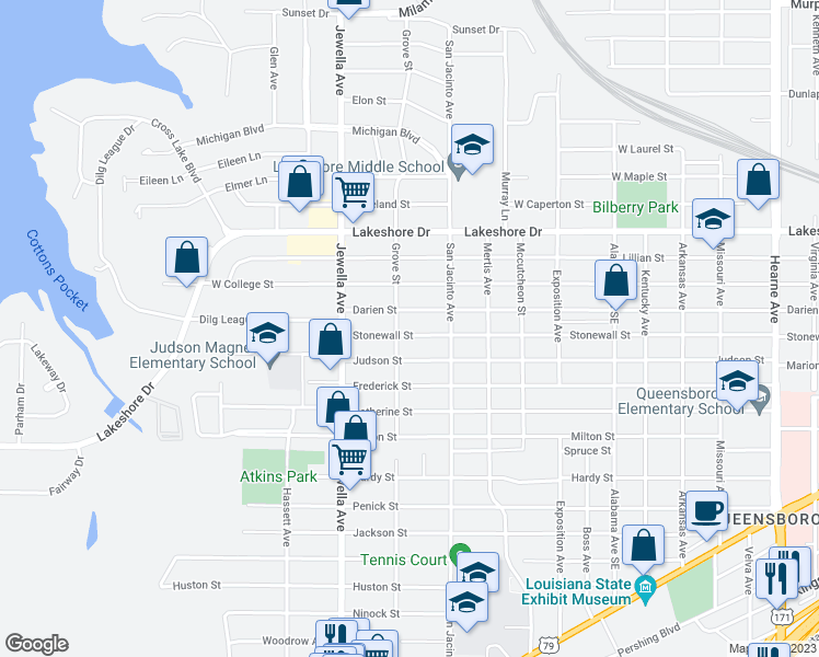 map of restaurants, bars, coffee shops, grocery stores, and more near 3548 Stonewall Street in Shreveport
