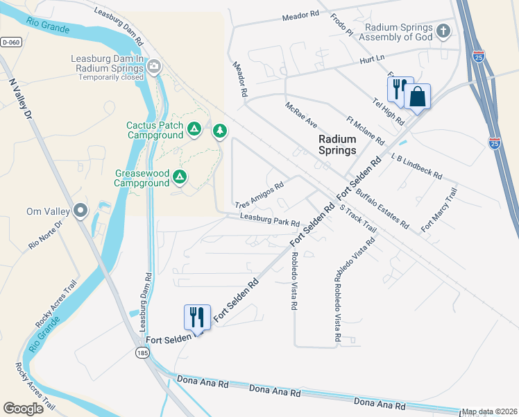 map of restaurants, bars, coffee shops, grocery stores, and more near 855 Tres Amigos Road in Las Cruces