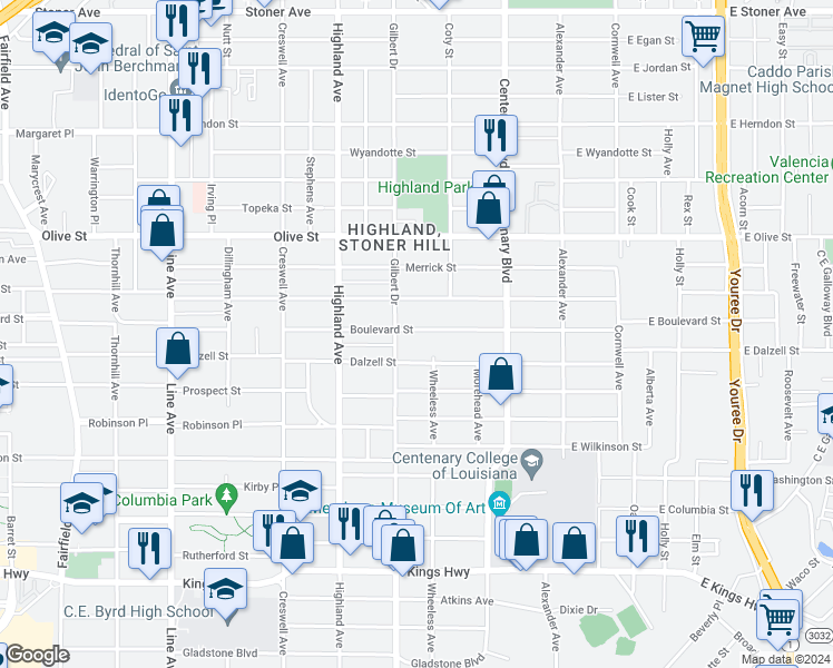 map of restaurants, bars, coffee shops, grocery stores, and more near 344 Boulevard Street in Shreveport