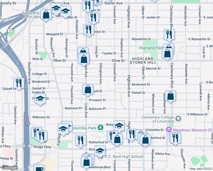 map of restaurants, bars, coffee shops, grocery stores, and more near 6987 Common Street in Shreveport