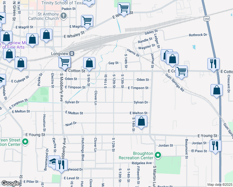 map of restaurants, bars, coffee shops, grocery stores, and more near 1410 East Timpson Street in Longview