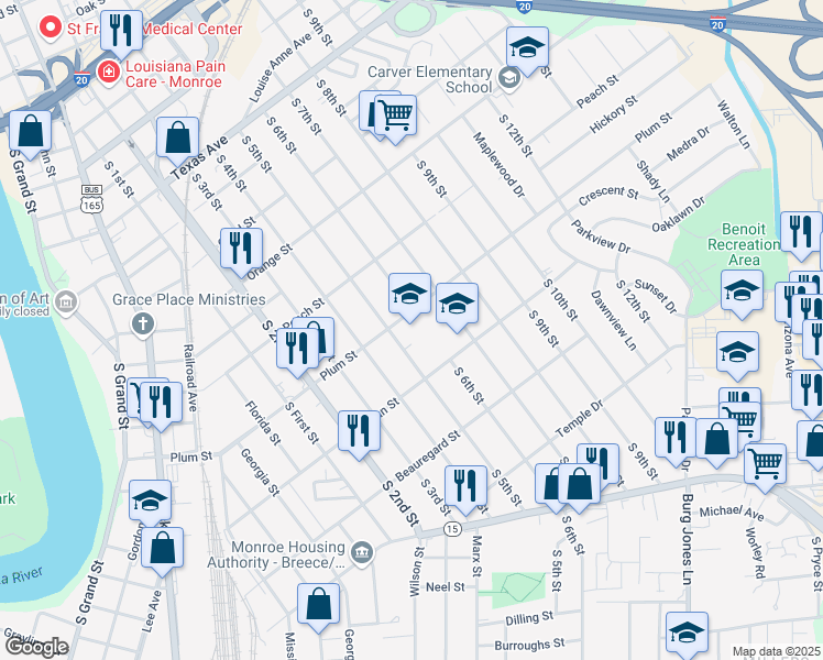 map of restaurants, bars, coffee shops, grocery stores, and more near 1001 Pecan Street in Monroe