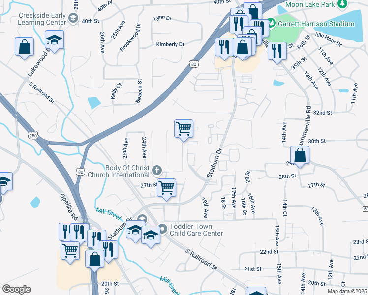 map of restaurants, bars, coffee shops, grocery stores, and more near 2909 21st Avenue in Phenix City