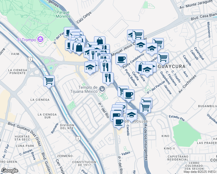 map of restaurants, bars, coffee shops, grocery stores, and more near Camino Vecinal in Tijuana