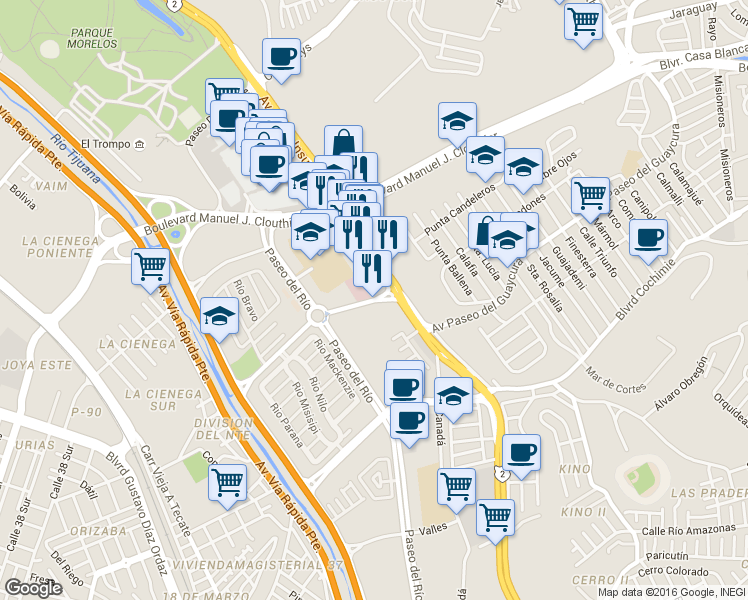 map of restaurants, bars, coffee shops, grocery stores, and more near Camino Vecinal in Tijuana
