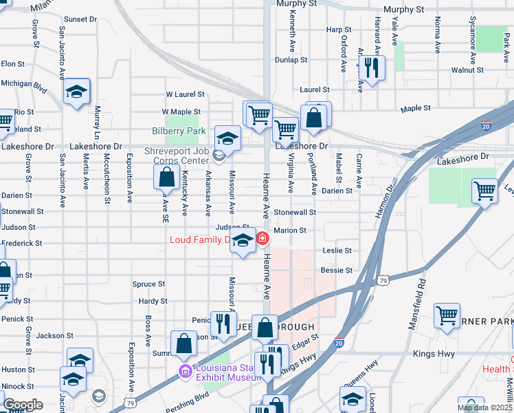 map of restaurants, bars, coffee shops, grocery stores, and more near 2749 Darien Street in Shreveport