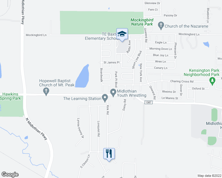 map of restaurants, bars, coffee shops, grocery stores, and more near 8 Ventnor Avenue in Midlothian