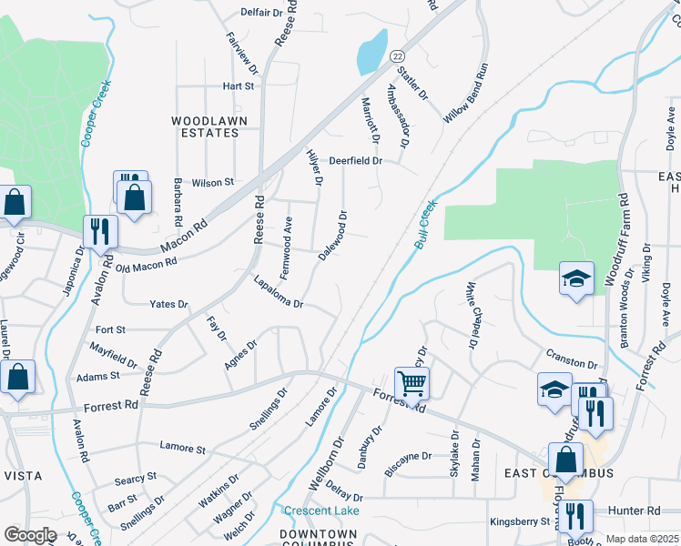 map of restaurants, bars, coffee shops, grocery stores, and more near 4494 Longview Drive in Columbus