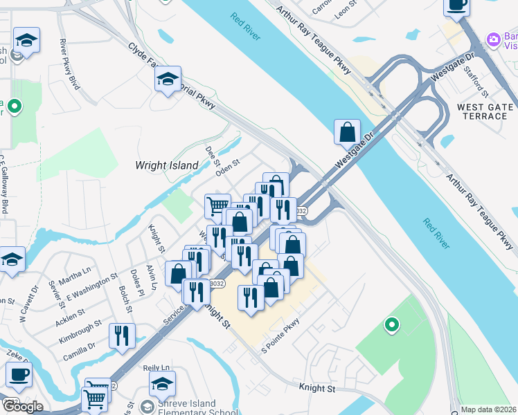 map of restaurants, bars, coffee shops, grocery stores, and more near 2933 Dee Street in Shreveport