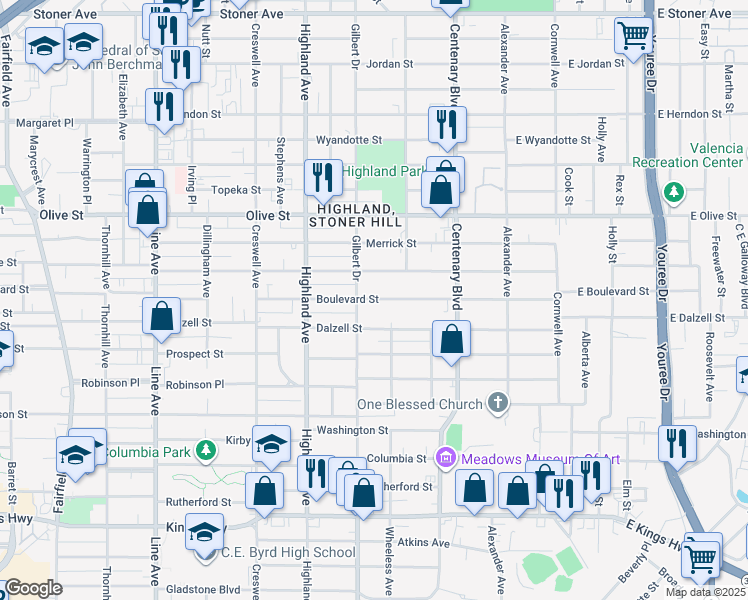 map of restaurants, bars, coffee shops, grocery stores, and more near 344 Boulevard Street in Shreveport