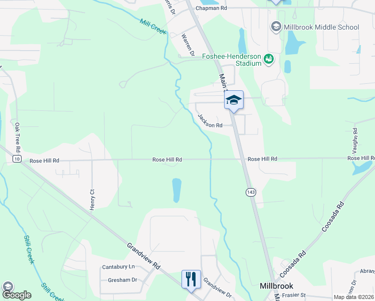 map of restaurants, bars, coffee shops, grocery stores, and more near 3401 Rose Hill Road in Millbrook