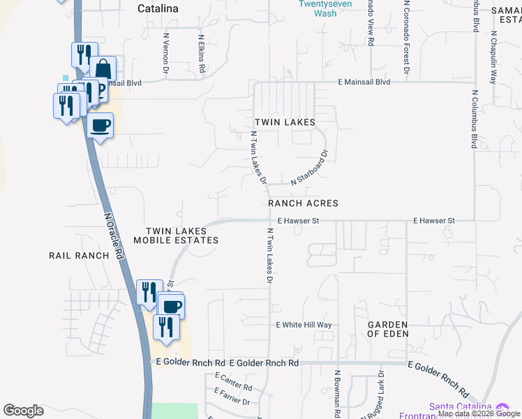 map of restaurants, bars, coffee shops, grocery stores, and more near 15621 North Twin Lakes Drive in Tucson