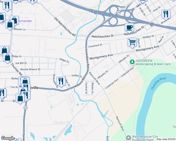 map of restaurants, bars, coffee shops, grocery stores, and more near 498 Jonesboro Rd in West Monroe