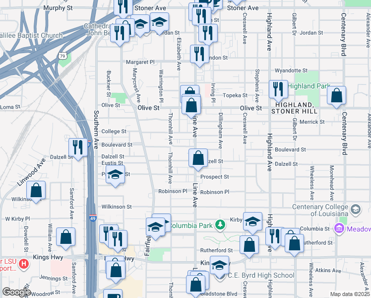 map of restaurants, bars, coffee shops, grocery stores, and more near 826 Boulevard Street in Shreveport