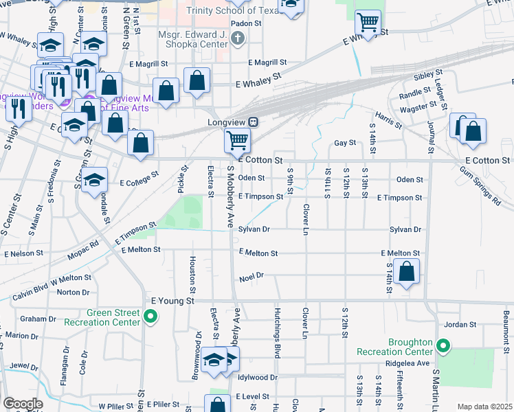 map of restaurants, bars, coffee shops, grocery stores, and more near 401 Davis Street in Longview