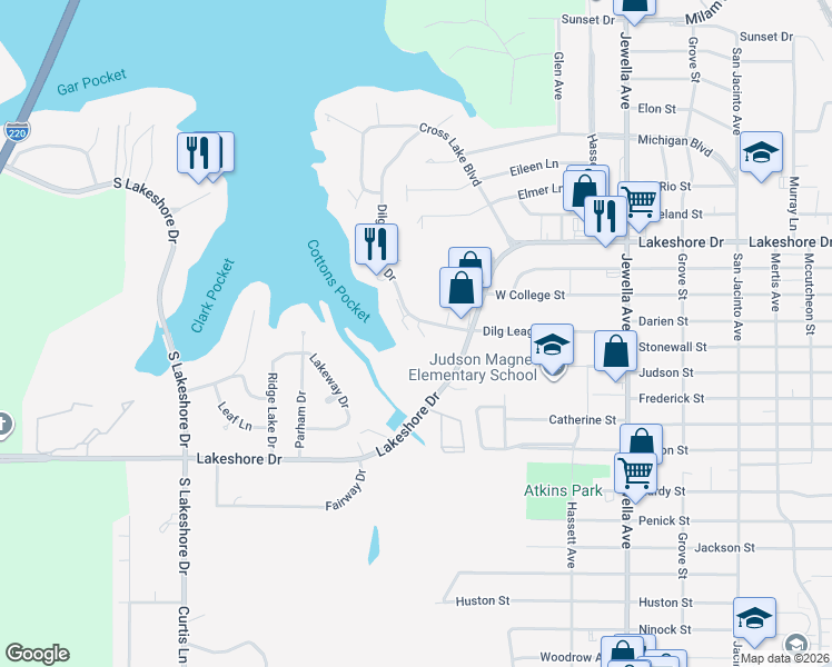 map of restaurants, bars, coffee shops, grocery stores, and more near 1700 Dilg League Drive in Shreveport