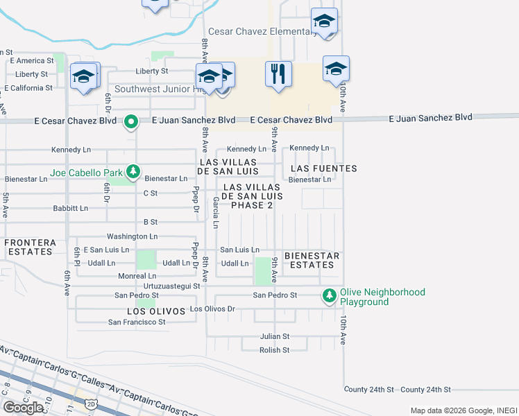 map of restaurants, bars, coffee shops, grocery stores, and more near 1734-1870 Babbitt Lane in San Luis